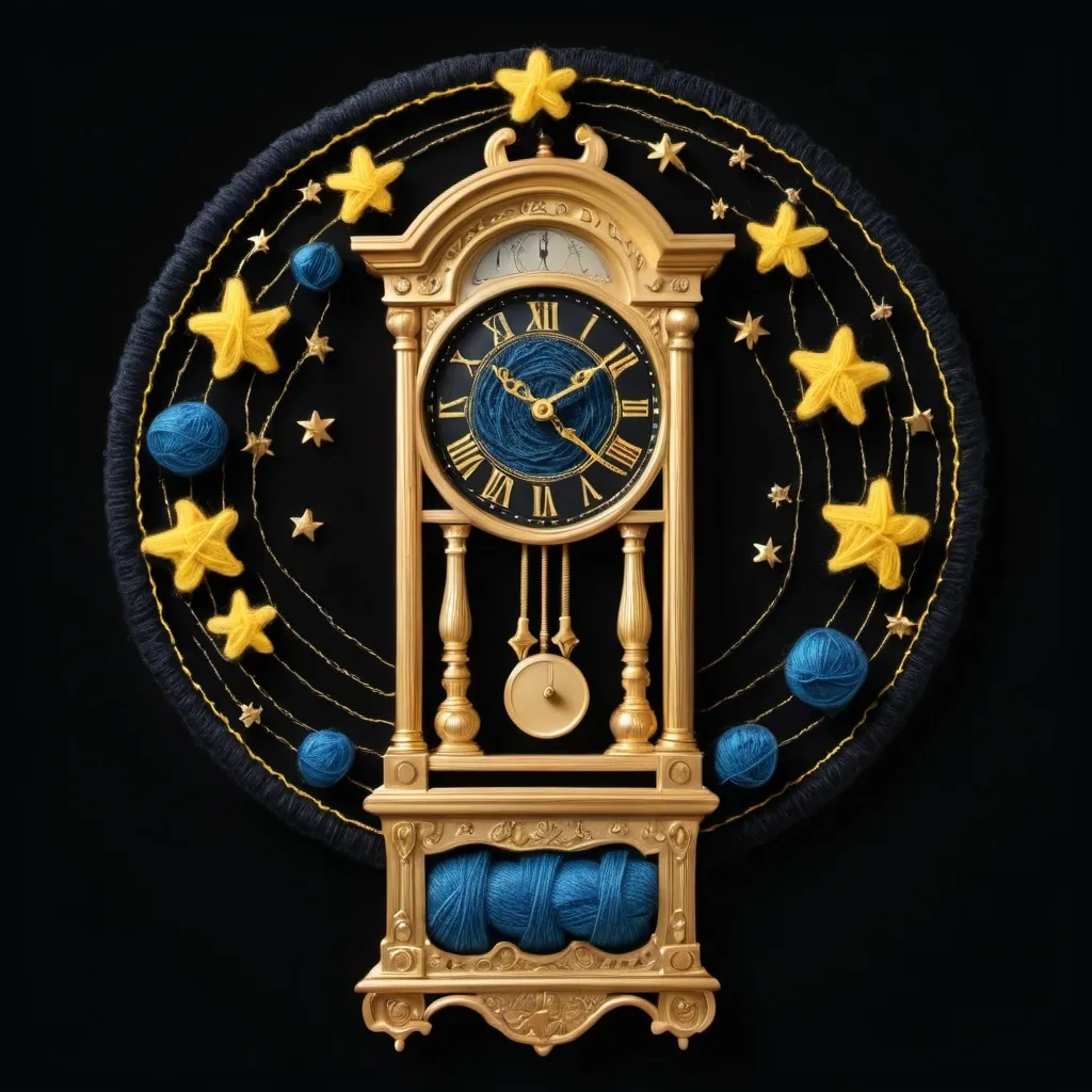 Prompt: Draw a representation of a soft and delicate grandfather clock made out of golden yarn in a black background and stars made from yellow and blue yarn