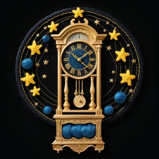 Prompt: Draw a representation of a soft and delicate grandfather clock made out of golden yarn in a black background and stars made from yellow and blue yarn