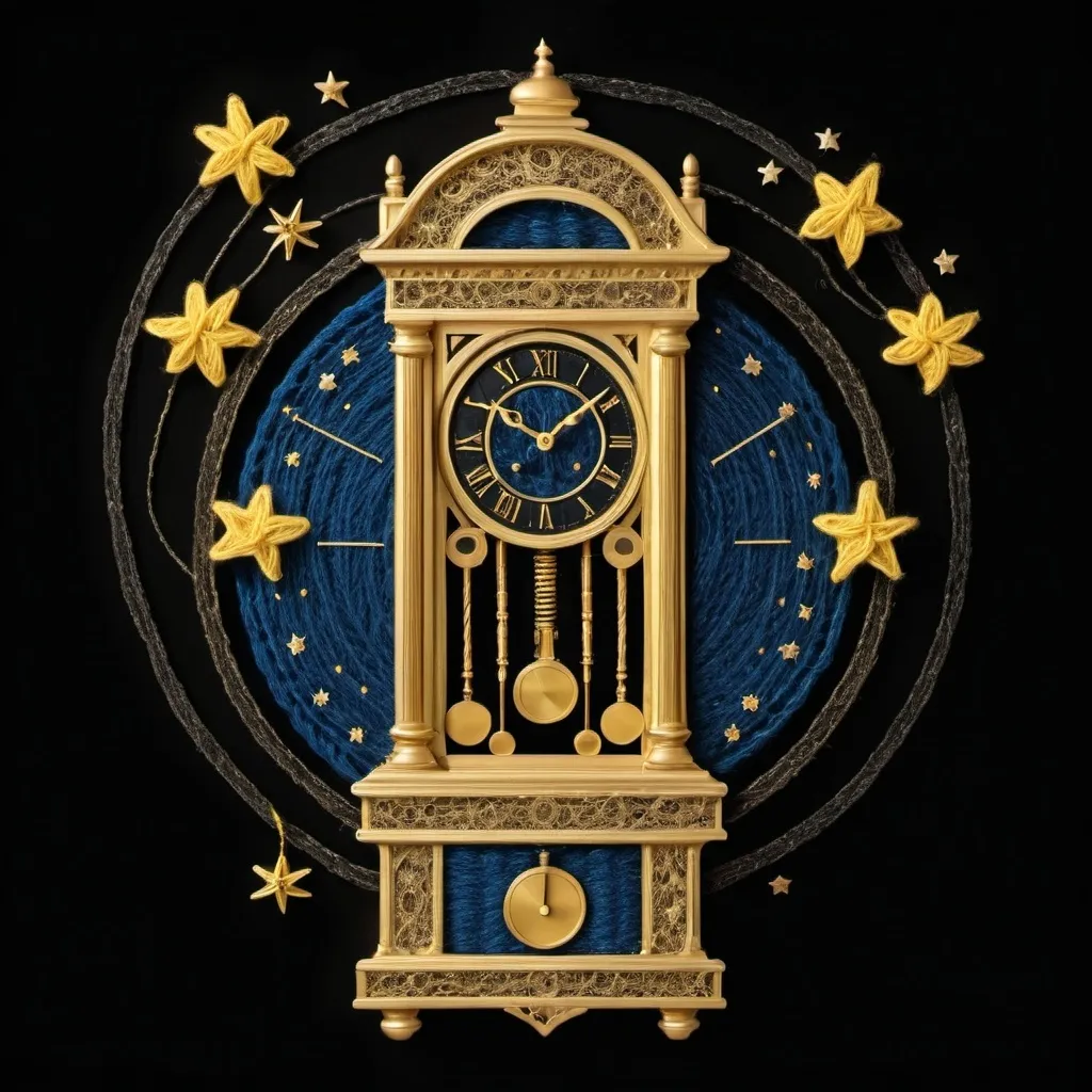 Prompt: Draw a representation of a soft and delicate grandfather clock made out of golden yarn in a black background and stars made from yellow and blue yarn