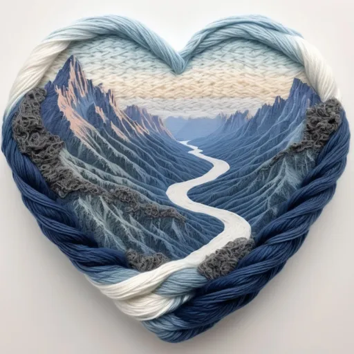 Prompt: Draw a representation of a soft and delicate heart shape yarn and inside it you can find blue mountain ranges that is fading from the distance of the main picture. All this with a white sterile background