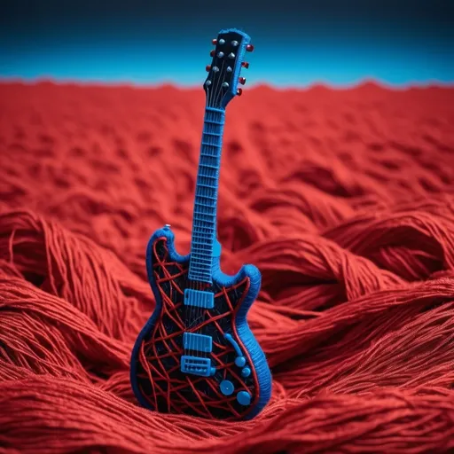 Prompt: Draw a representation of a soft and delicate electric guitar made out of black and red yarn in a field of electric blue and explosive red yarn as its background