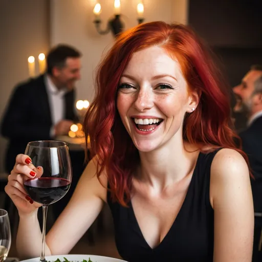 Prompt: A beautiful woman with red hair at a dinner party drinking red wine and laughing