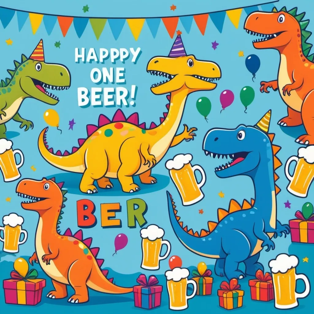 Prompt: A tacky voucher for one free beer with dinosaurs and birthday themed, issued by the ministry of good times, as if it was created in Microsoft paint

