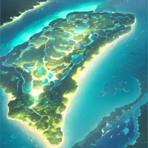 Prompt: tropical island from the sky at night looking down onto a glowing turquoise river flowing down to the ocean 
