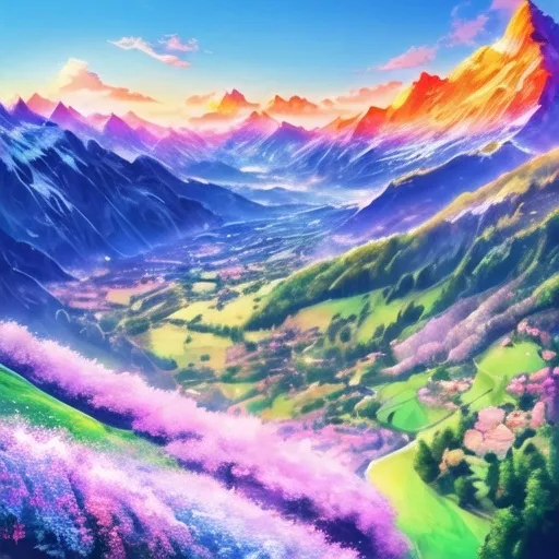 Prompt: a bright and flowery mountain valley in the swiss Alps.


 
