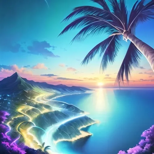 Prompt: view from a hill to a turquoise glowing river flowing down the slope to the ocean with palm trees and moonlight
 
