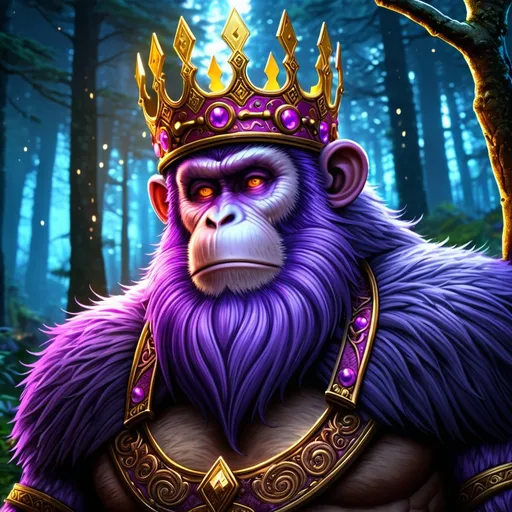 Prompt: (Purple monkey with a crown and a Viking beard), fantasy style, warm color scheme, highly detailed, 4K, vibrant colors, glowing accents, majestic atmosphere, intricately designed crown, wild and bushy Viking beard, enchanting background with ancient forests and mystical elements, golden lights, epic and adventurous, dramatic lighting, mythical ambiance, ultra-detailed, high resolution, rich textures, cinematic masterpiece.