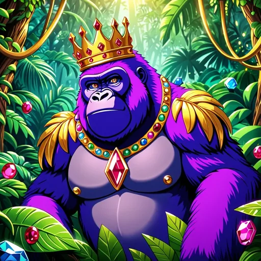 Prompt: (Purple gorilla), gold crown with rubies, majestic, cartoon style, vibrant colors, playful atmosphere, detailed gemstones, lush jungle background, bright and captivating lighting, 4K ultra-detailed, high-quality.