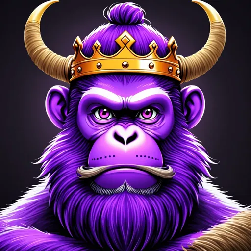 Prompt: Purple monkey with a crown and a Viking beard