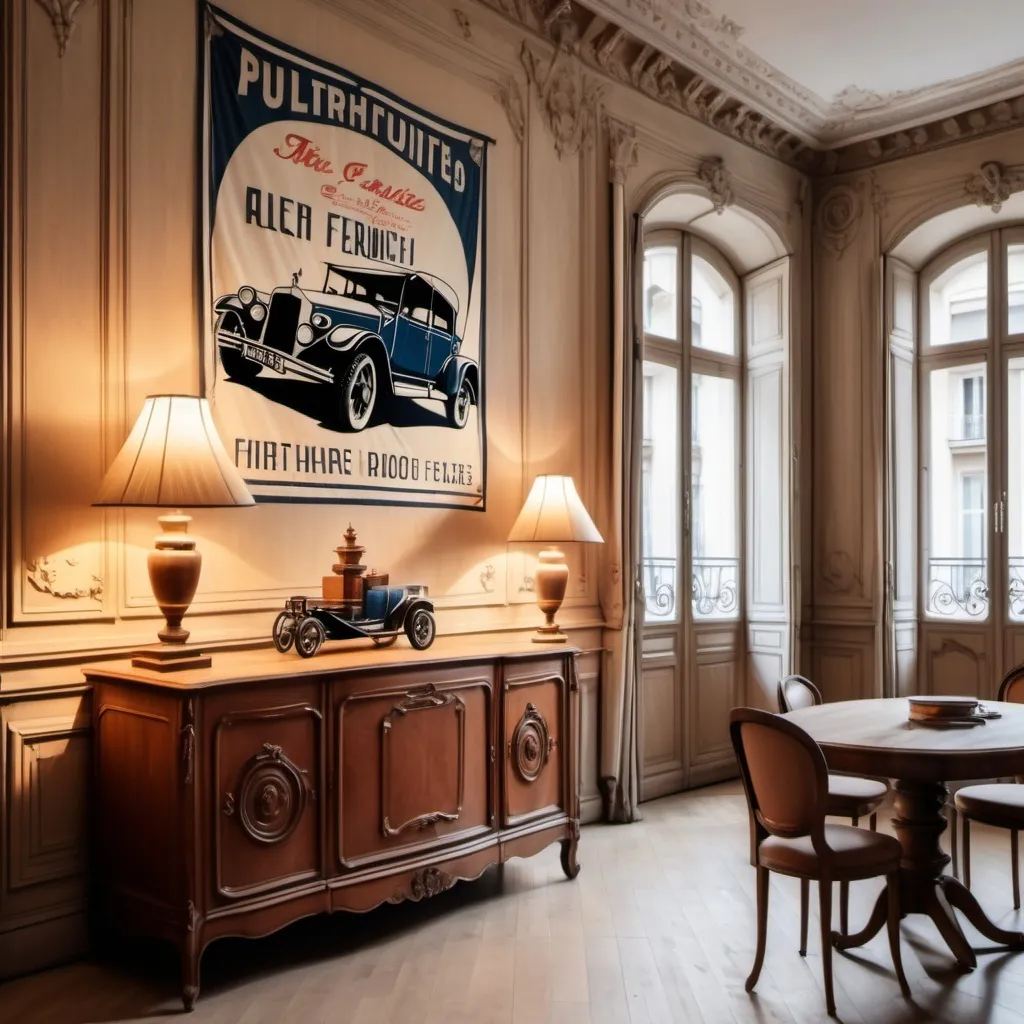 Prompt: Bannière d'un appartement français des années 1900, avec une affiche vintage de voiture sur le mur, des meubles en bois sculpté, et une lumière douce filtrant à travers de grandes fenêtres. Format 1200x600.
sans ecriture 