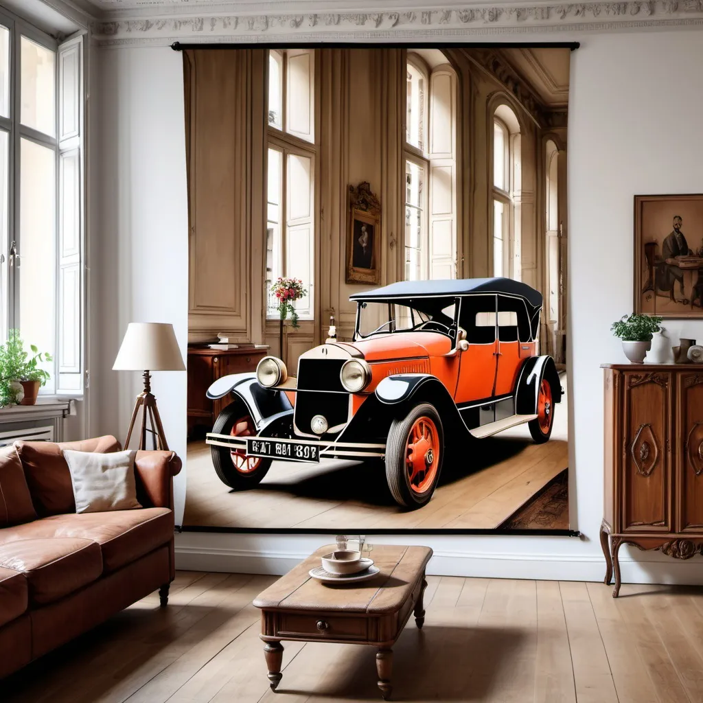 Prompt: Bannière d'un appartement français des années 1900, avec une affiche vintage de voiture sur le mur, des meubles en bois sculpté, et une lumière douce filtrant à travers de grandes fenêtres. Format 1200x600.