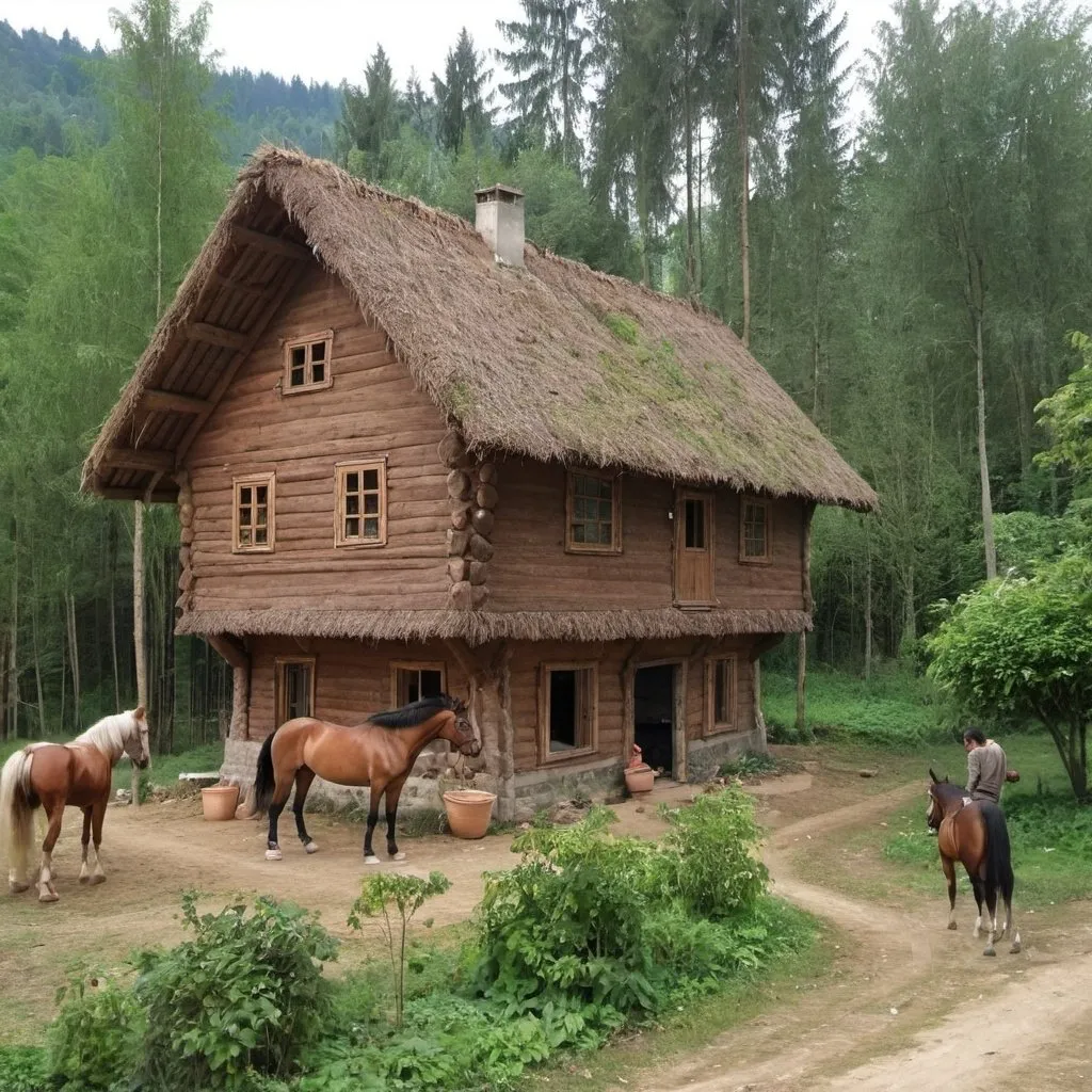 Prompt: my house made from wood in the middle of the forest and village. people around usually do is planting plant. and in front of the house there is a horse. neighbours house look like same with my house.