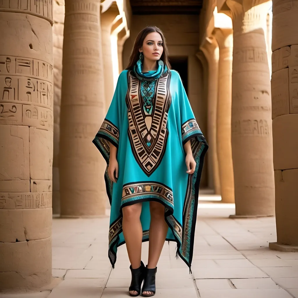 Prompt: As a creativ fashion designer, bring to life a realistic, contemporary design through Craft a long, trendy Fashionab poncho with simply Pharaonic twist. real poncho should feature matching Accurate printed Pharaonic writings No distor, divided in an aesthetic way adorned with distinctive Turquoise stones .Tailor this masterpiece for an Egyptian curvy real woman with wheat-toned skin, a curvaceous figure, and brown eyes, appearing 99% human.Capture her standing in the Karnak T