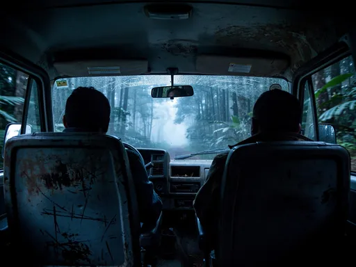 Prompt: Inside of a dirty van driving in bolivian forest. We see the driver and a passanger from behind.
Bluish dawn, fogy forest