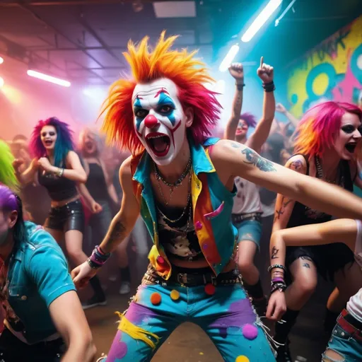 Prompt: Hokey cokey moshput with clowns at punk rock gig