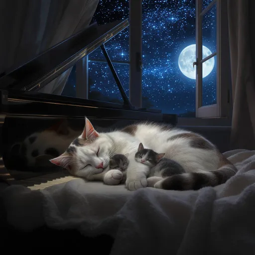 Prompt: Un gatto coni suoi 3 cuccili colorati  che  dormono  con la mamma gatto
realistico bianco con  grandi macchie nere e grigie, sdraiato felicemente a dormire su un coperta morbide  di lana posta sopra  un pianoforte inclinato a 45°, in una scena notturna. Sullo sfondo, una finestra aperta mostra un cielo stellato brillante, con la luce lunare che illumina dolcemente la stanza. L’atmosfera è serena, intima e magica, con dettagli ad alta definizione.