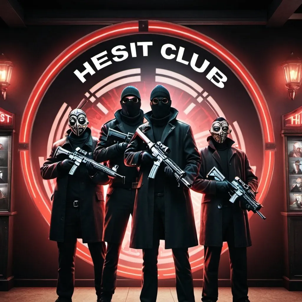 Prompt:  a game banner which name is heist club 4 man in front of the heist club sign they have interesting masks and realistic guns 