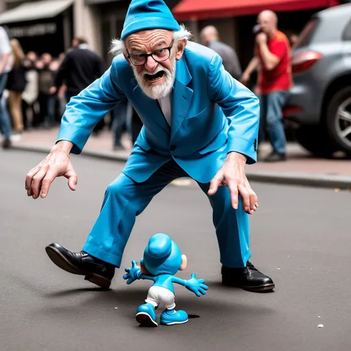 Prompt: old man getting trampled by Smurf stampead
