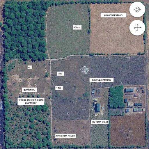 Prompt: Hi
Help design my farm layout from a satellite image.
I need 4ha of pine plantation, 1ha of moringa plantation, 1ha of neem plantation, gardening section, livestock section for village chicken, goats, pigs and cattle. I will need a portion for biogas plant. 

Also help locate a water reservoir and where to put up a borehole.

Also a section for farm houses both my farm house and for workers.