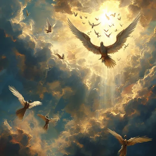 Prompt: Rapture with Jesus angels and believers. Angel blowing trumpets and Jesus appearing in the clouds. 