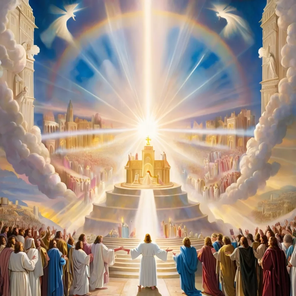 Prompt: New Jerusalem from revelation in the Bible. Heaven with Jesus on the throne surrounded by the glory light worshippers and angels. 