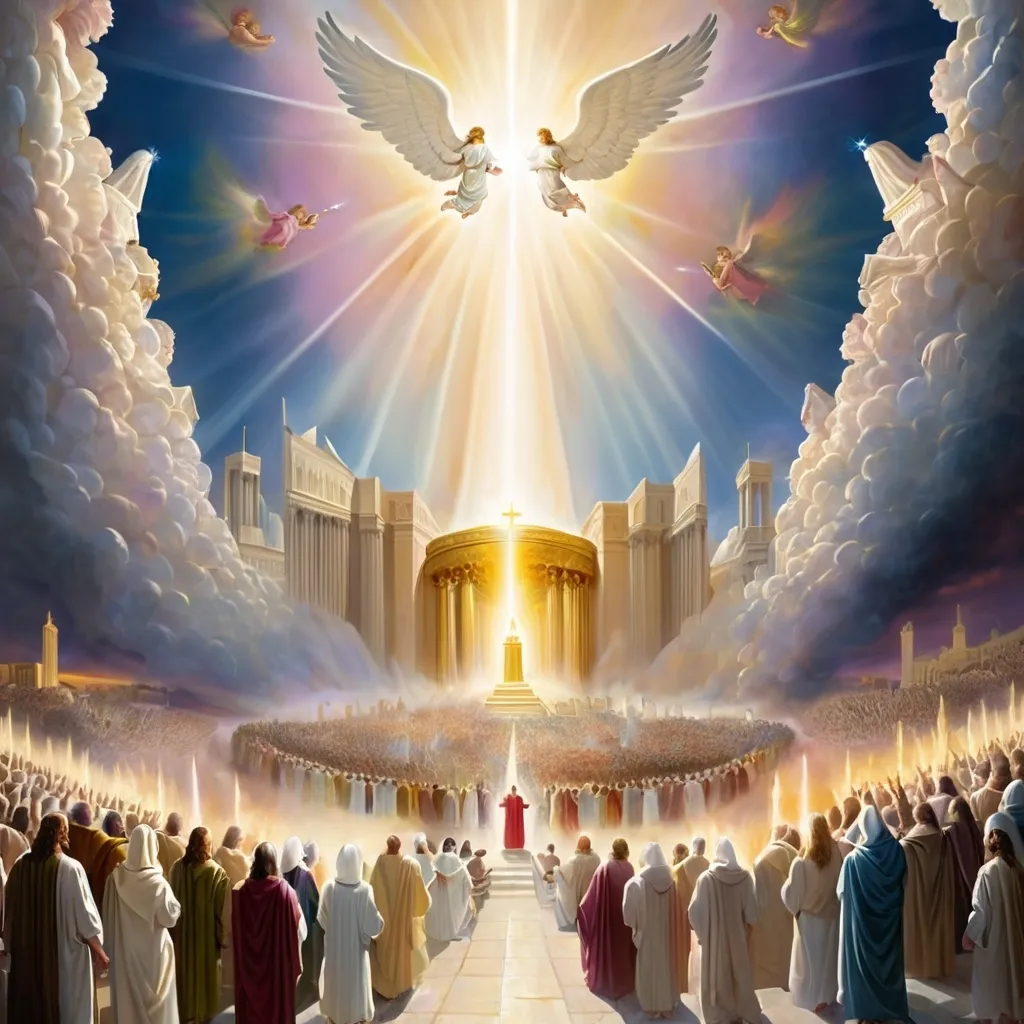 Prompt: New Jerusalem from revelation in the Bible. Heaven with Jesus on the throne surrounded by the glory light worshippers and angels. 