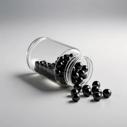 Prompt: photorealistic transparent bottle filled with mette black sphere medicine pills,  light grey background, high depth soft lighting, muted colors with subtle highlights, medical and clinical atmosphere, ultra-detailed, 4K, crisp and clean quality, shallow depth of field, professional product photography