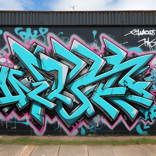 Prompt: graffiti sydney suburbs,dark silver and cyan intricate wildstyle,steel and turquoise, energetic and bold, sharp edges name Choas