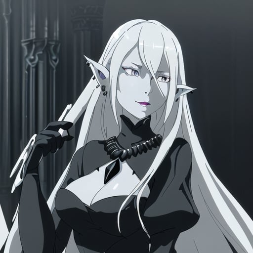 Prompt: High-res digital painting of a female Drow, long white hair, ash grey skin, white eyes, thick lips, black formal dress, silver ear piercings, simple silver necklace, black lace gloves, holding musical instrument, fantasy, detailed features, elegant, dark tones, moody lighting, digital painting, formal attire, musical instrument, gothic, professional, atmospheric lighting