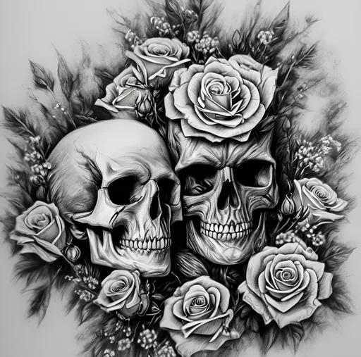 Prompt: b/w hyper realistic drawing for coloring, with skulls, gypsophila and roses