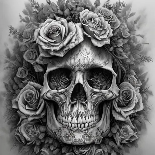 Prompt: b/w hyper realistic drawing for coloring, greyscale art, with skulls, gypsophila and roses