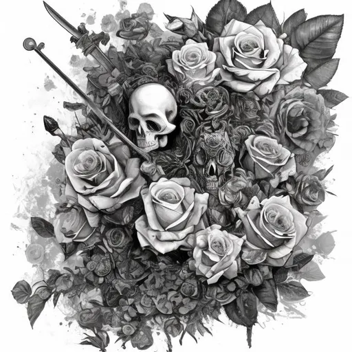 Prompt: B/W drawing, with roses, gypsophelia, swords, skulls, greyscale type