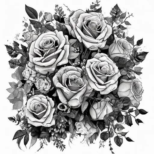 Prompt: B/W drawing for colouring, with roses, gypsophila, cartoon, skulls, medium dark greyscale type
