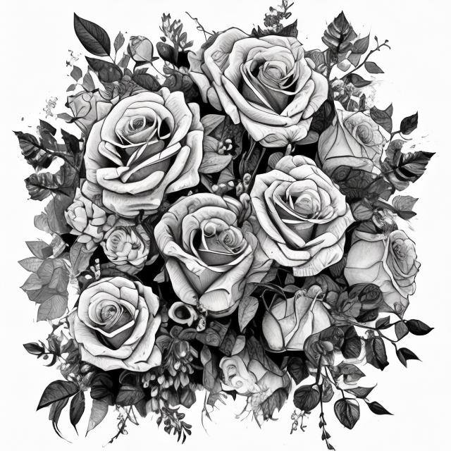 Prompt: B/W drawing for colouring, with roses, gypsophila, cartoon, skulls, medium dark greyscale type