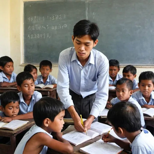 Prompt: a NGO that is promoting and teaching education to the poor children. The teacher is a young asian man in his 20s
