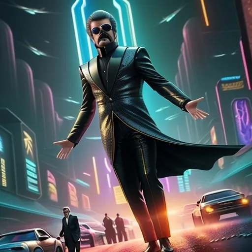 Prompt: a man in a suit and sunglasses standing on a city street with a sci - fi fi fi fi fi fi fi fi fi fi fi fi fi fi fi fi fi fi fi fi fi fi fi fi fi fi fi fi, Daryush Shokof, samikshavad, promotional image, poster art