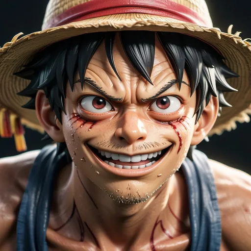 Prompt: Monkey D. Luffy, one piece, X-shaped scar on his chest, Straw Hat, symmetrical body, photorealistic portrait, cinematic lighting, high contrast, artstation, character concept art, 8K sharp focus, highly detailed, ultra photorealism, unreal engine 5 effects