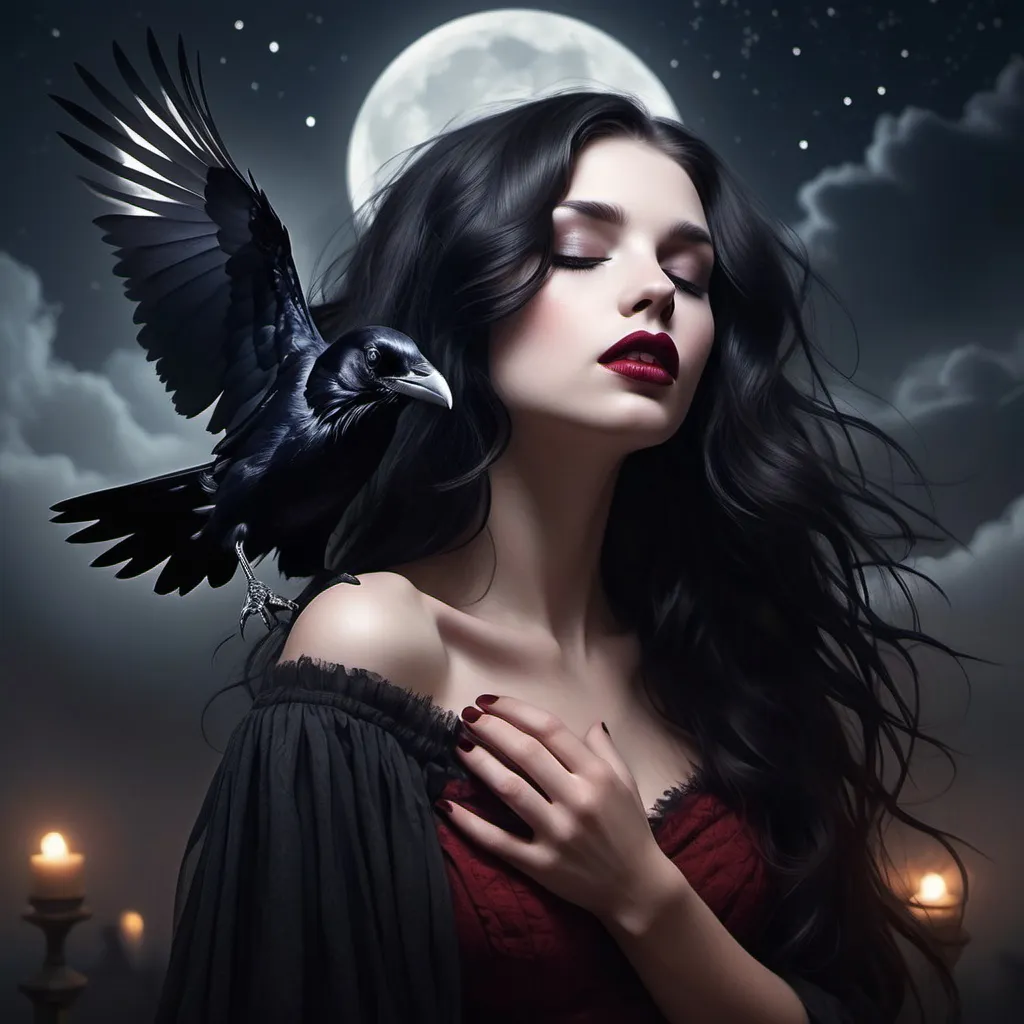 Prompt: Raven hair and ruby lips
Sparks fly from her fingertips
Echoed voices in the night
She's a restless spirit on an endless flight