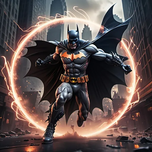 Prompt: Demonic Batman with dark aura around, agressively spinning around in circle with his claws creating blasts of wind and an aura explosion, torned clothes flying in circle, wearing cybernetics enhancements, occult symbol under him on the ground, epic and dynamic composition, Ultrakill, Pragmata, dark cityscapes background, artstation, hdr, colorful shot, intricate details, cinematic, detailed, stormy weather, detailed art deco ornamentation, tons of flying debris around him",