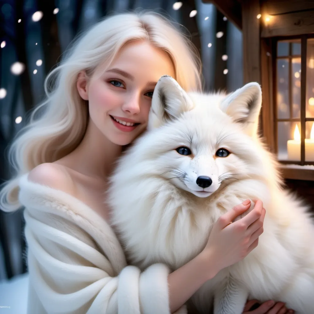 Prompt: A (((cute woman))) with pale skin and rosy cheeks, smiling softly as she gently pets the fur of a (((fluffy white fox))), its luxurious galaxy fur emitting a warm glow, like a shining star against a backdrop of a serene snowy landscape, under a cozy candlelight, creating an enchantingly cozy atmosphere