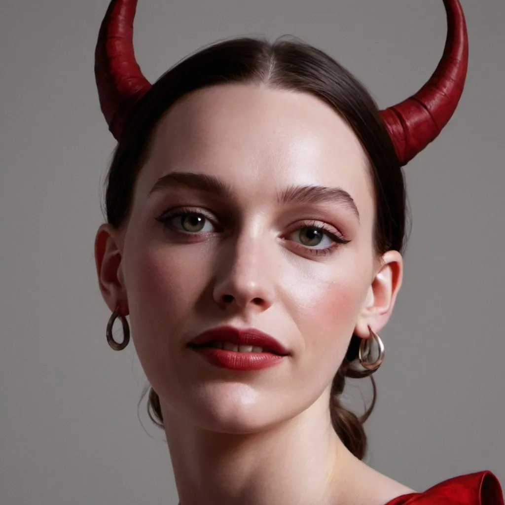 Prompt: <mymodel> in a red costume with a devil tail and horns on her head, standing in front of a circle, Charlie Bowater, transgressive art, dark fantasy art, concept art