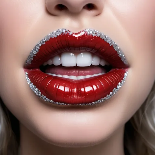 Prompt: a close up of a woman's lips with glitter on them and a red lip color with white tips, Dirk Crabeth, art photography, fashion photography, a microscopic photo