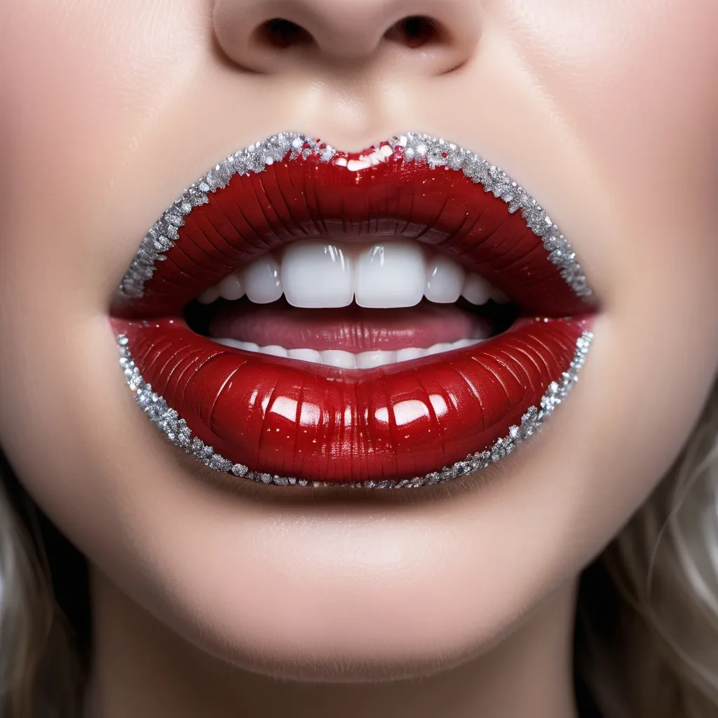 Prompt: a close up of a woman's lips with glitter on them and a red lip color with white tips, Dirk Crabeth, art photography, fashion photography, a microscopic photo