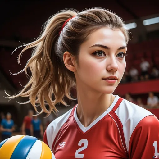 Prompt: a beautiful woman,volleyball player,red uniform,best quality,high quality,extremely detailed,masterpiece