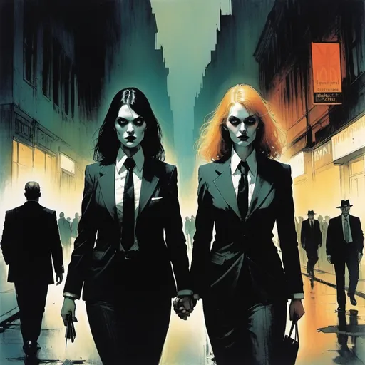 Prompt: 2 woman on a city street together, with a woman in a suit and tie, Bill Sienkiewicz, international gothic, gritty, a poster