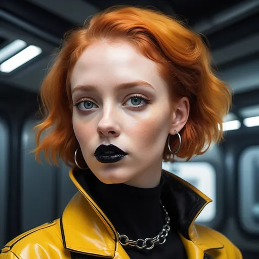 Prompt: a woman (Aurore Cassel) with red hair and black lipstick wearing large hoop earrings and a yellow jacket with a black collar, Eve Ryder, retrofuturism, ultra realistic faces, a character portrait