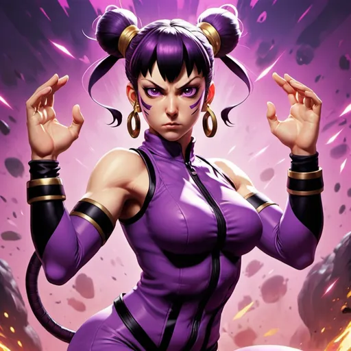 Prompt: juri from street fighter in a purple and black costume with her hands up and her eyes closed, with her hands in the air, Eizan Kikukawa, cobra, maya, a character portrait