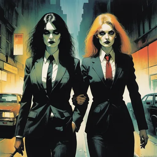 Prompt: 2 woman on a city street together, with a woman in a suit and tie, Bill Sienkiewicz, international gothic, gritty, a poster