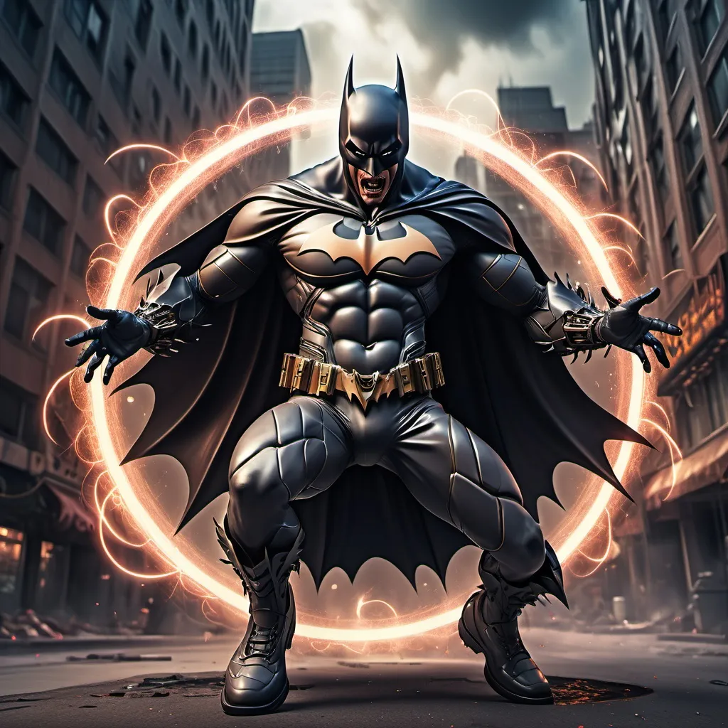 Prompt: Demonic Batman with dark aura around, agressively spinning around in circle with his claws creating blasts of wind and an aura explosion, torned clothes flying in circle, wearing cybernetics enhancements, occult symbol under him on the ground, epic and dynamic composition, Ultrakill, Pragmata, dark cityscapes background, artstation, hdr, colorful shot, intricate details, cinematic, detailed, stormy weather, detailed art deco ornamentation, tons of flying debris around him",