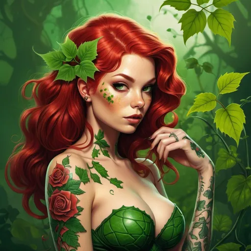 Prompt: poison ivy with red hair and tattoos on her body, with a green background, Daphne Allen, fantasy art, concept design art, concept art